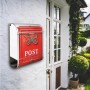Roter Banjado Briefkasten Edelstahl mit Nostalgie Motiv und Zeitungsfach an weißer Hauswand.