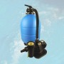 Sandfilteranlage MAXI für Weka Holzpool, blaues Gehäuse mit schwarzer Pumpe.