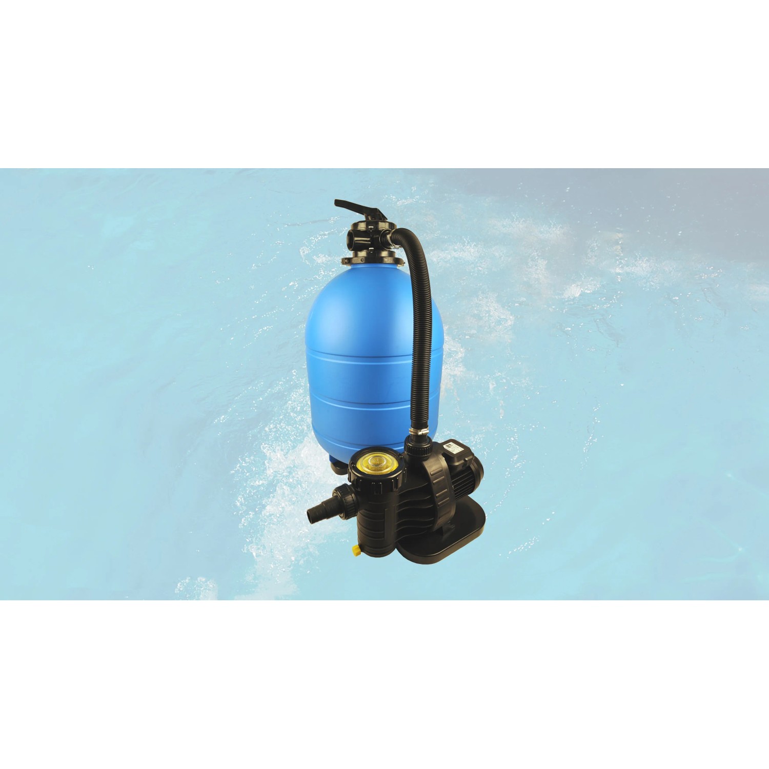 Sandfilteranlage MAXI für Weka Holzpool, blaues Gehäuse mit schwarzer Pumpe.