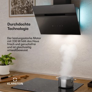 Schwarze Klarstein Alina Dunstabzugshaube mit LED-Beleuchtung über einem Kochfeld mit Dampf.
