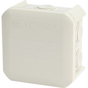 Grauer OBO Abzweigkasten Aufputz, 90x90mm, IP55, mit 7 Anschlussmöglichkeiten.