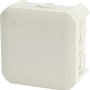 Grauer OBO Abzweigkasten Aufputz, 90x90mm, IP55, mit 7 Anschlussmöglichkeiten.