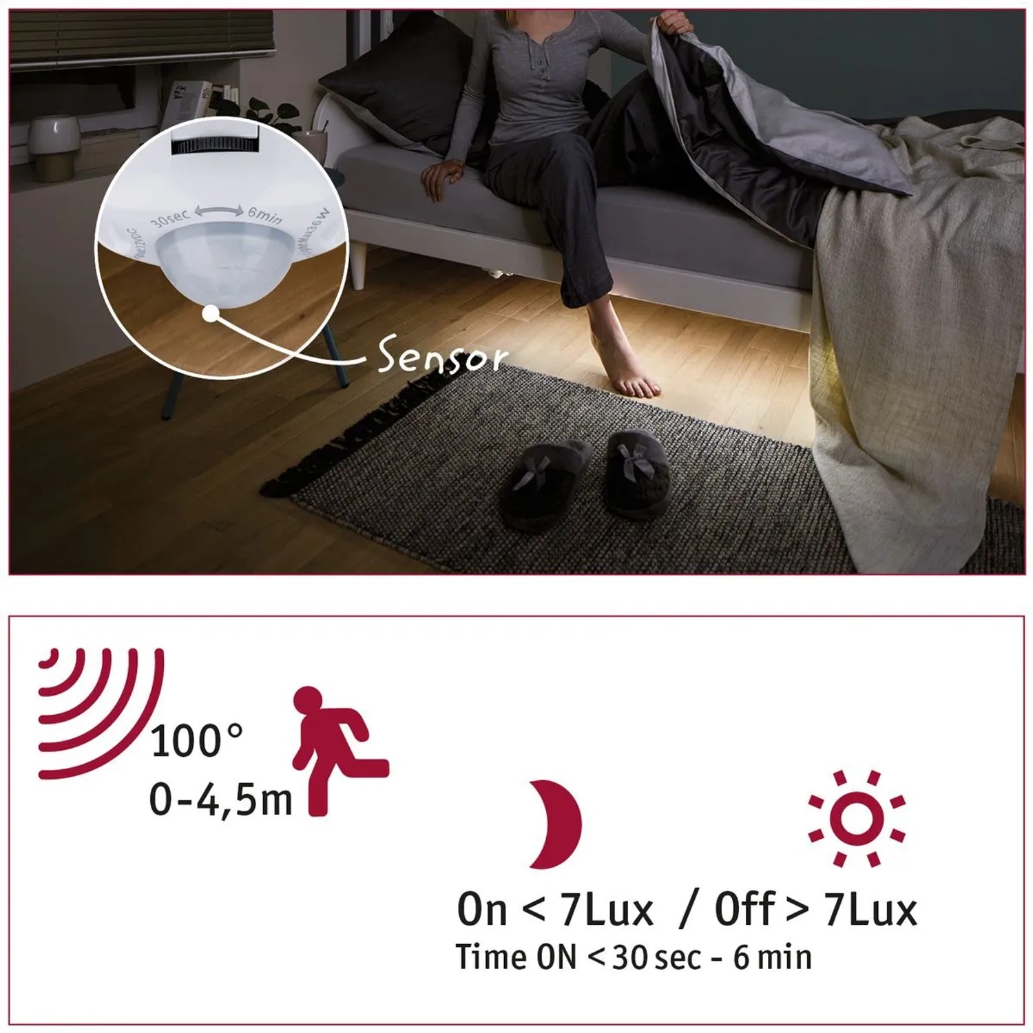 Paulmann MaxLED Night Comfort Set unter Bett montiert, mit Sensor und warmweissem Licht.