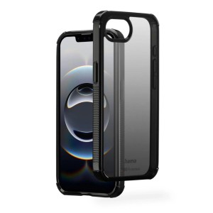 Schwarze Hama Handyhülle Extreme Protect für Apple iPhone 16e/17e, transparent, mit verstärkten Ecken.