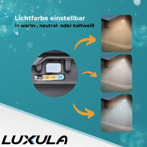 LUXULA LED-Strahler mit einstellbarer Lichtfarbe (warmweiß, neutralweiß, kaltweiß) für den Außenbereich.