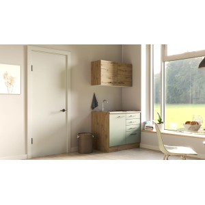 Flex-Well Miniküche Cara, 100 cm, Schilfgrün/Artisan Eiche, mit Spüle und Kochfeld. Kompakte Singleküche.