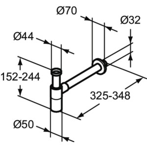 Technische Zeichnung: Ideal Standard Designsiphon G 1 1/4, Waschbecken Siphon, Schwarz Matt, mit Maßen.