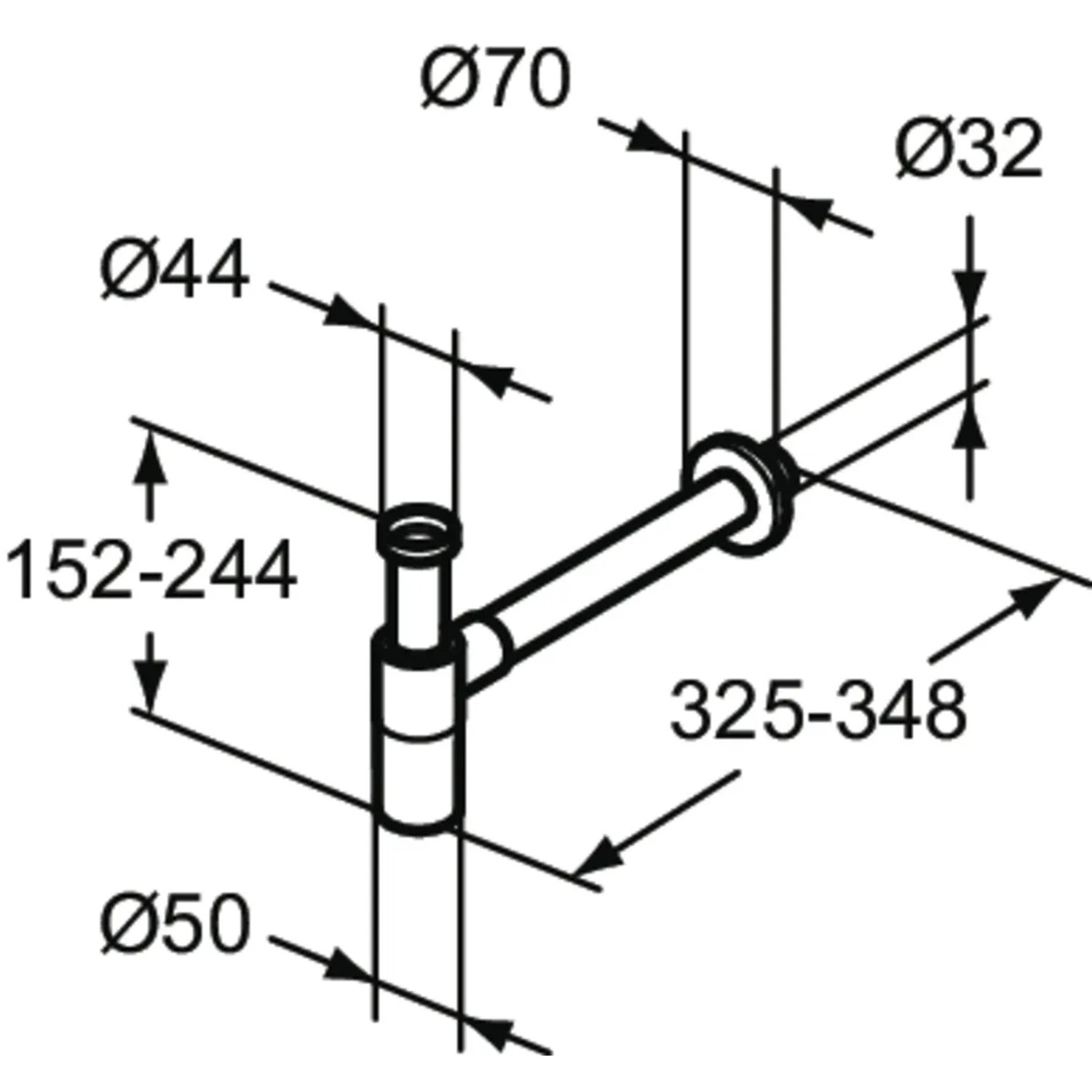 Technische Zeichnung: Ideal Standard Designsiphon G 1 1/4, Waschbecken Siphon, Schwarz Matt, mit Maßen.