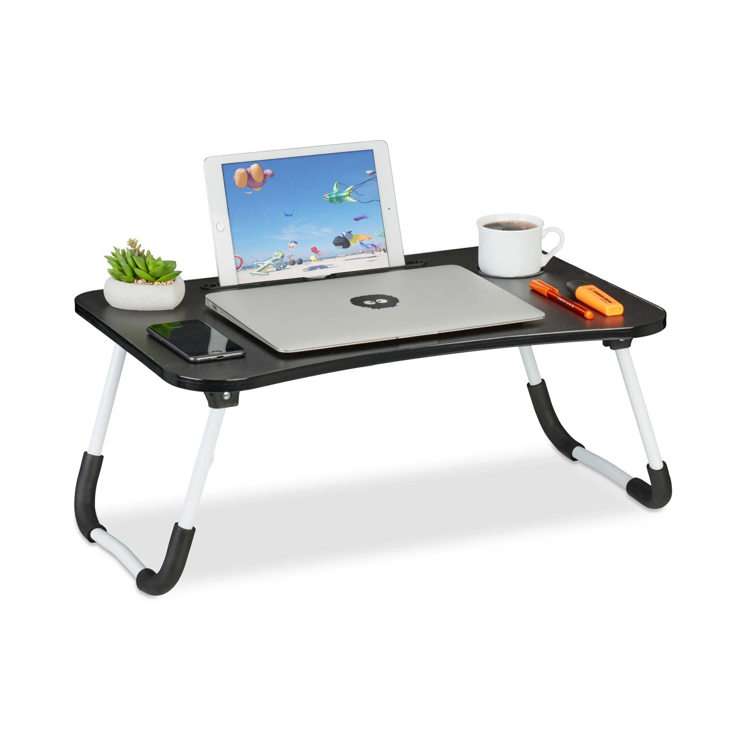 Relaxdays Laptoptisch MDF Eisen Kunststoff Schwarz Weiß mit Tablet und Getränkehalter Zusammenklappbar Rutschfest 63 cm x 40 cm x 26 cm 2 kg