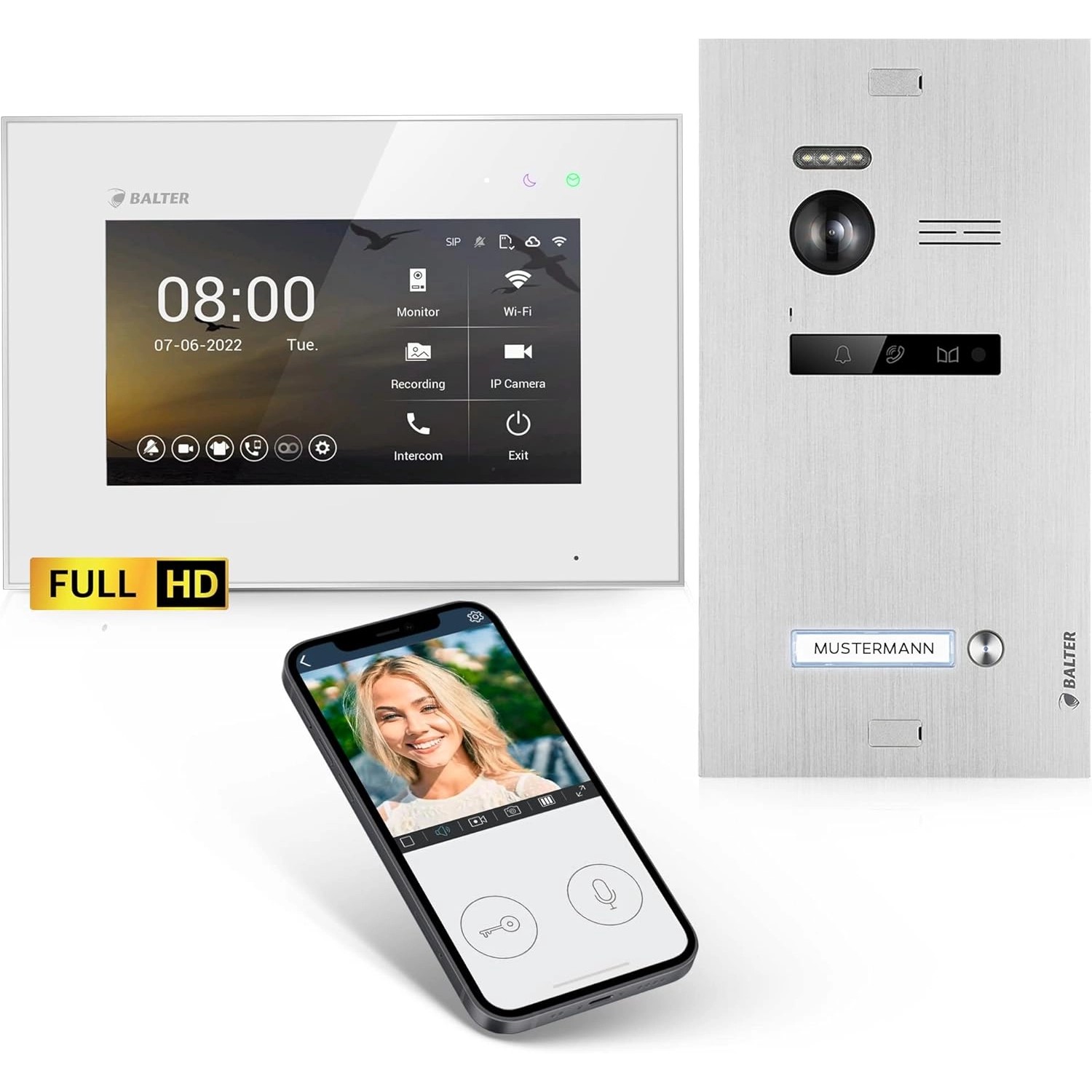 Balter EVO-HD Video-Türsprechanlage mit App für Einfamilienhaus mit 1x 7 Zoll Monitor Silber-Weiß