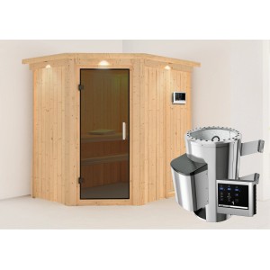 Karibu Sauna Silva mit Ofen und LED-Dachkranz in Natur, mit graphitfarbener Glastür und externer Steuerung.