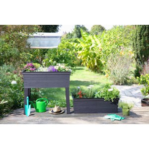 Garantia Urban Hochbeet für Balkon und Terrasse, mit Holzstruktur und Bepflanzung.