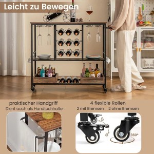 Costway Küchenwagen 3-Stöckig 107,5 x 40 x 91,5 cm Glashalter Braun