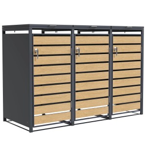 KARAT Mülltonnenbox Johan, 3-türig, Edelstahlrahmen, Holzdekor, 198,5x80x116cm. Ordnungssystem für den Garten.