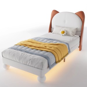 PXloue Kinderbett 90x200 Polsterbett mit LED Katzenohren-Kopfteil Beige-Braun