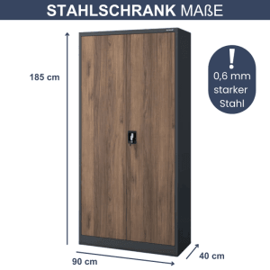 JAN NOWAK Aktenschrank, abschließbarer Büroschrank mit Flügeltüren in Anthrazit-Nussbaum, 185x90x40 cm.