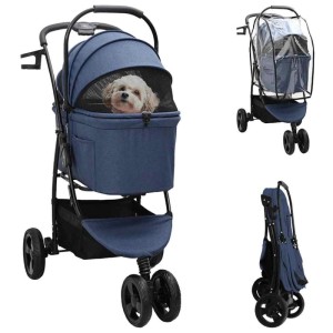 Blauer faltbarer vidaXL Haustierwagen mit Hund, Regenschutz & Faltansicht. Ideal für kleine Hunde & Katzen.