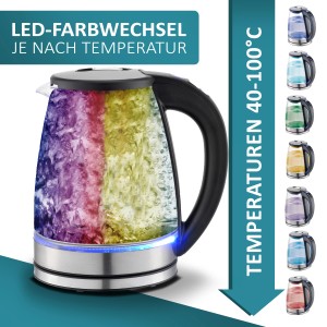 Ecosa EO-610 Wasserkocher mit LED-Farbwechsel je nach Temperatur und Temperatureinstellung.