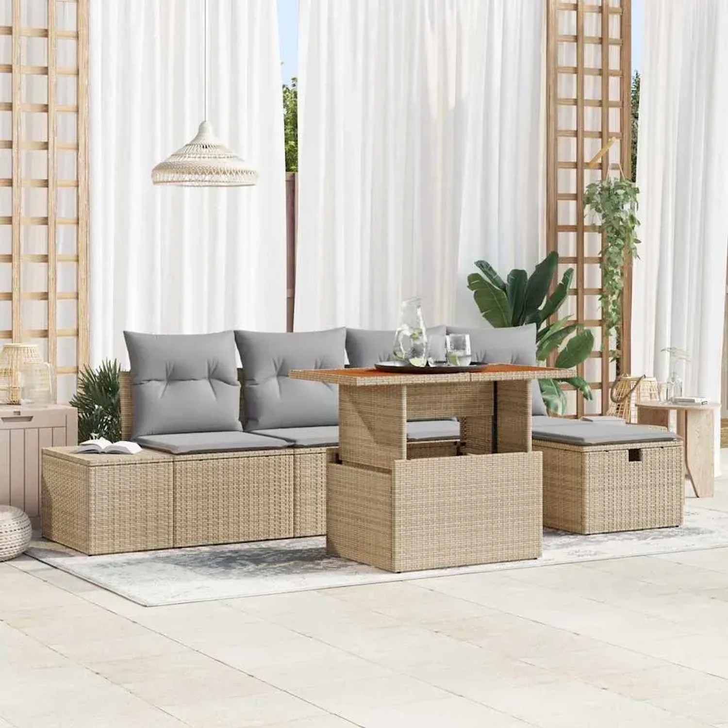 Beiges 6-tlg. vidaXL Garten-Sofa-Set aus Poly Rattan mit Kissen und Stauraum.