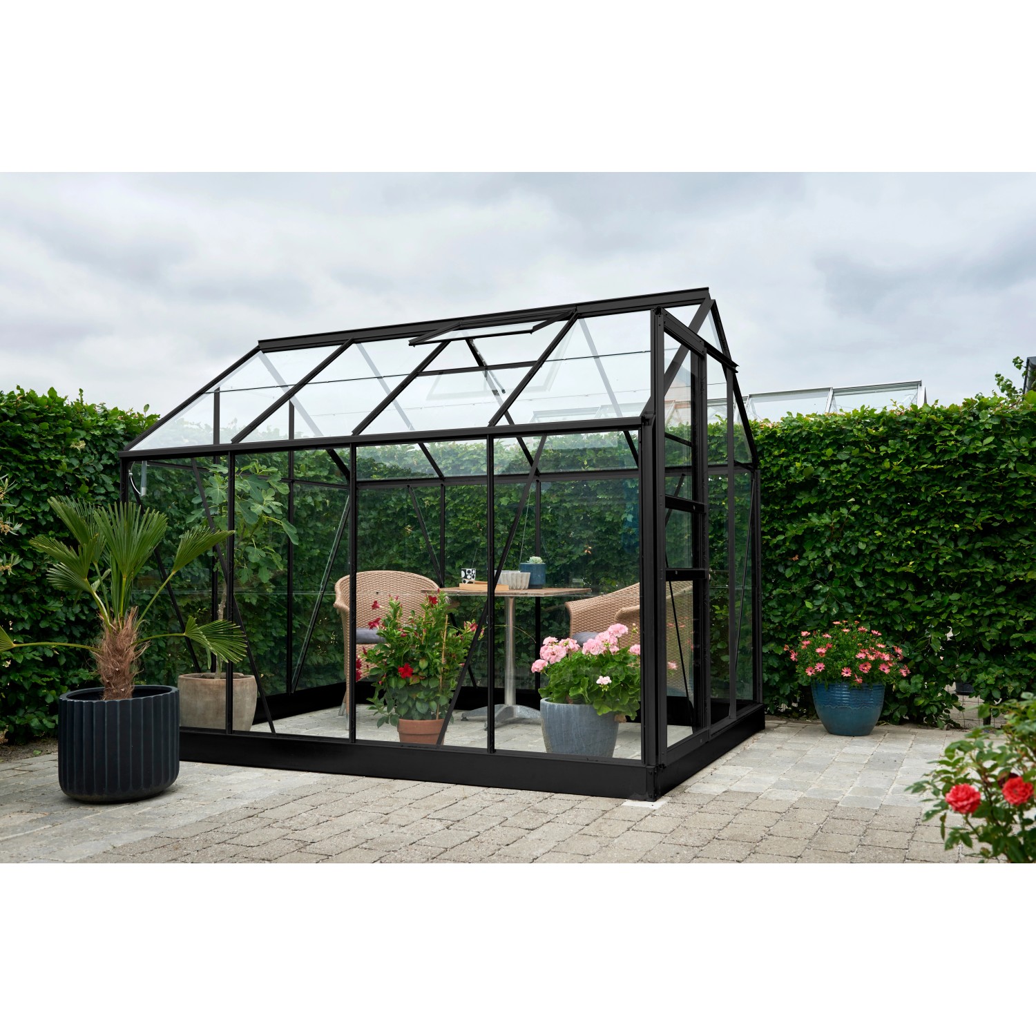 Schwarzes Halls Gewächshaus Popular 86 (5 m²) mit Pflanzen und Sitzgruppe im Garten.