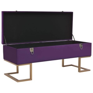 Offene, lila Samt Bank mit Staufach und goldenen Beinen. Möbel für Wohnzimmer oder Flur.