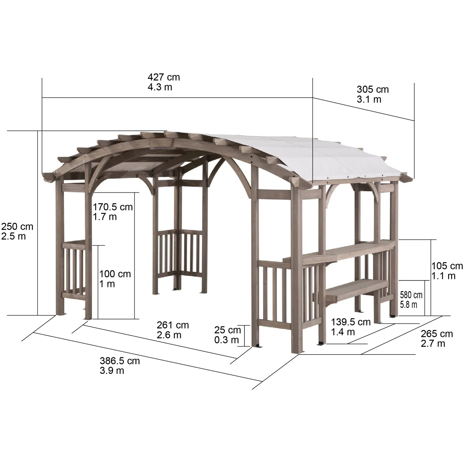 Sunjoy Pergola Dajti aus Zedernholz, 427x305 cm, grau, mit Maßen für den Aufbau.