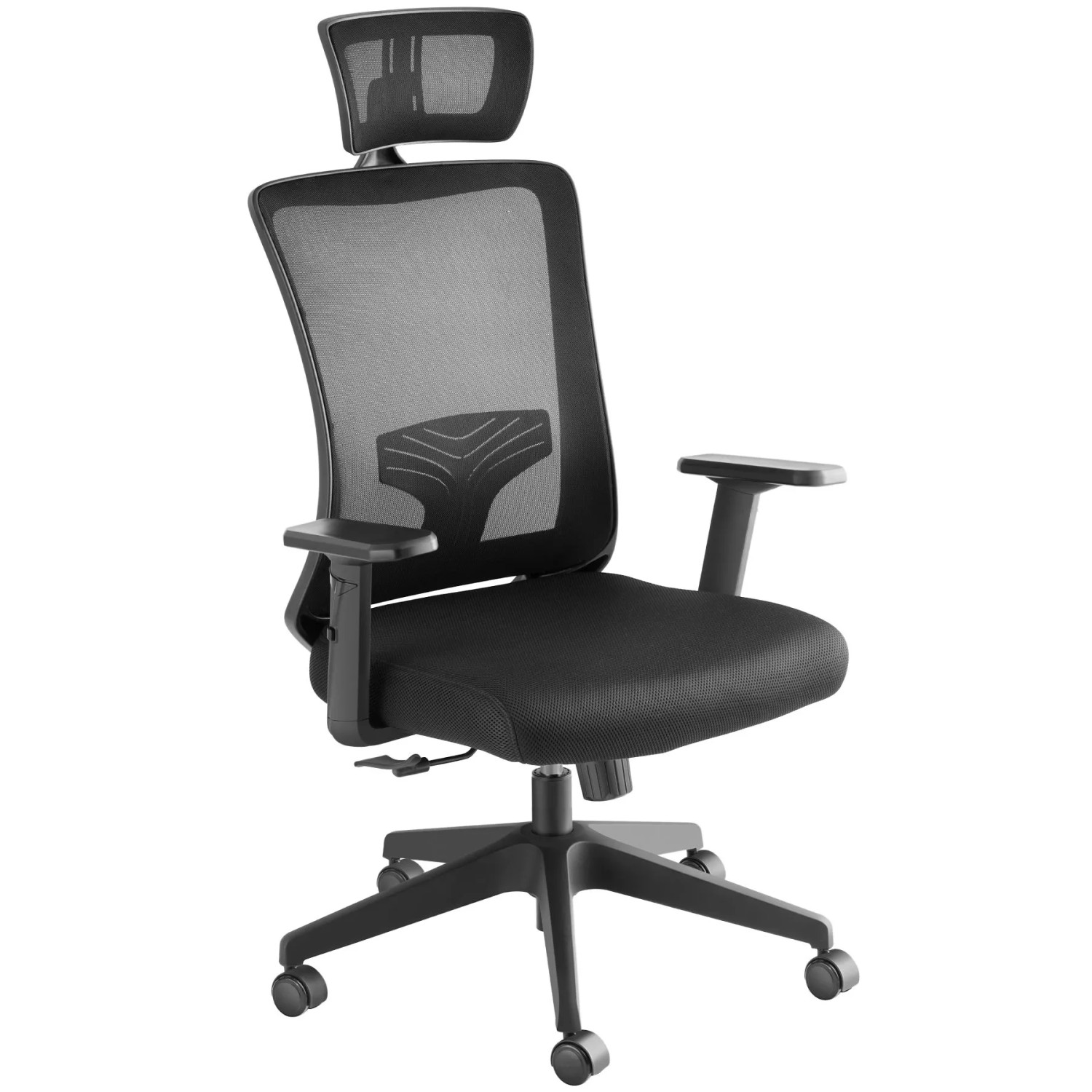 Tectake Bürostuhl Phoibe Ergonomische Form Mit Lordosenstütze und Verstellbarer Kopfstütze Dicke Polsterung  67 x 71 x 130 cm Schwarz