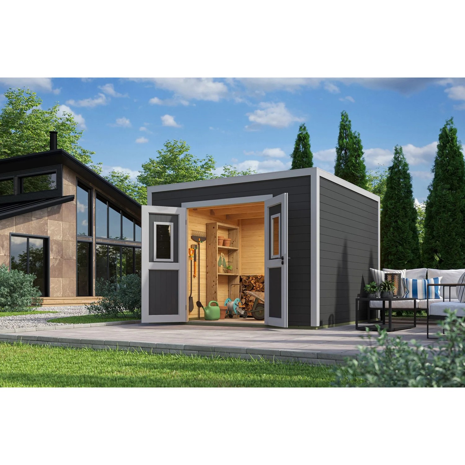 Lasita Holz-Gartenhaus Felix 3 Flachdach Carbongrau Lasiert 300 cm x 300 cm