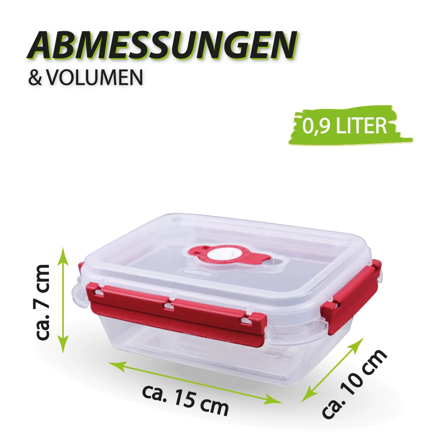 Bestlivings Frischhaltebox, 0,9L, rot, mit Maßen. Ideal für die Küche, zum Aufbewahren von Lebensmitteln.
