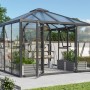 Vitavia Gewächshaus Fortuna Jack Roof, schwarzer Rahmen, ESG/HKP Verglasung, mit geöffneten Doppeltüren.