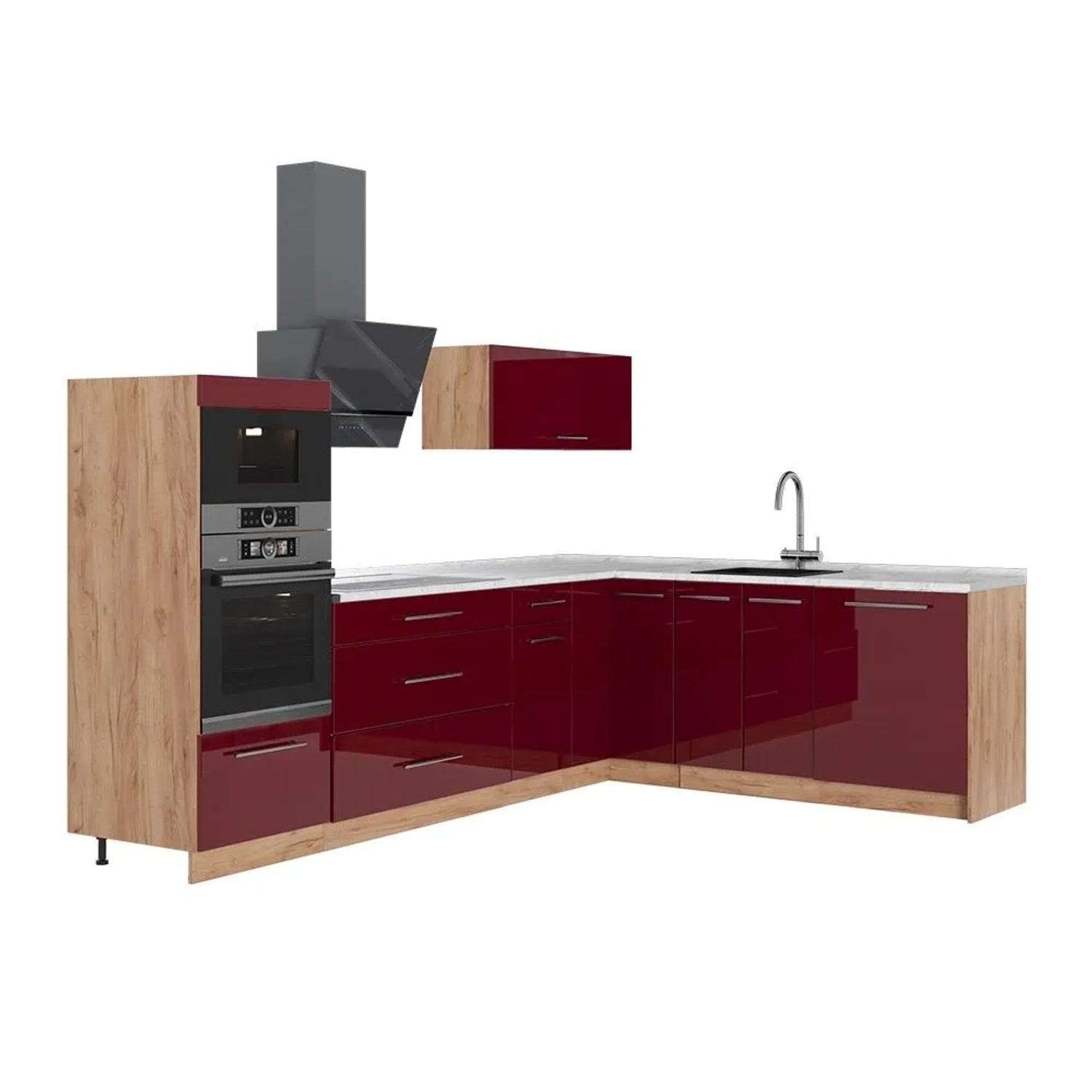 Vicco Eckküche Fame-Line Bordeaux Hochglanz/Goldkraft Eiche 287 x 154 AP Marmor Art Nr 63511