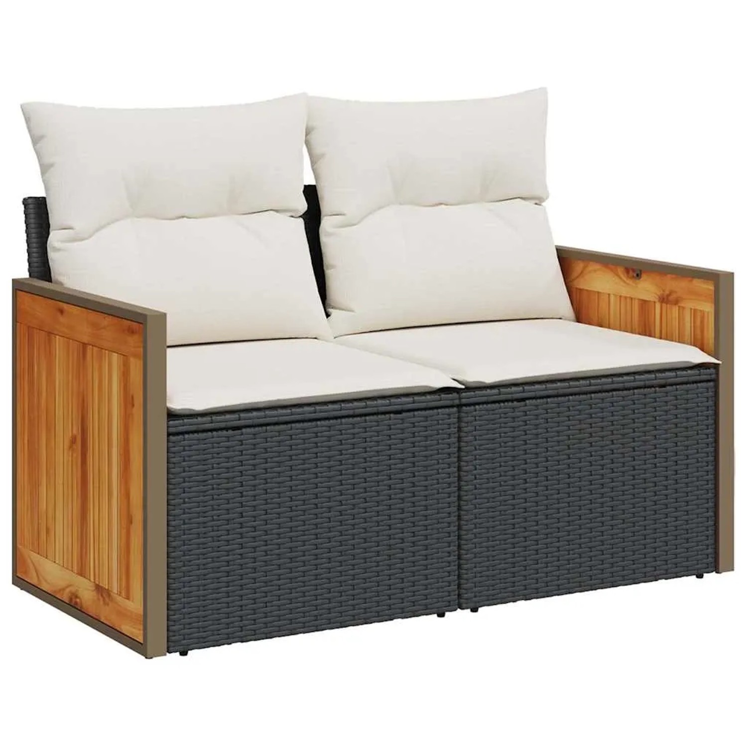 Schwarze 2-Sitzer Garten-Sofagarnitur aus Rattan mit Akazienholz und weißen Kissen.