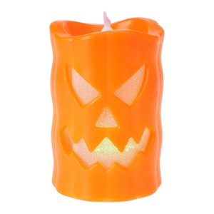 Orange LED-Kerze mit leuchtendem Kürbisgesicht für Halloween-Dekoration.
