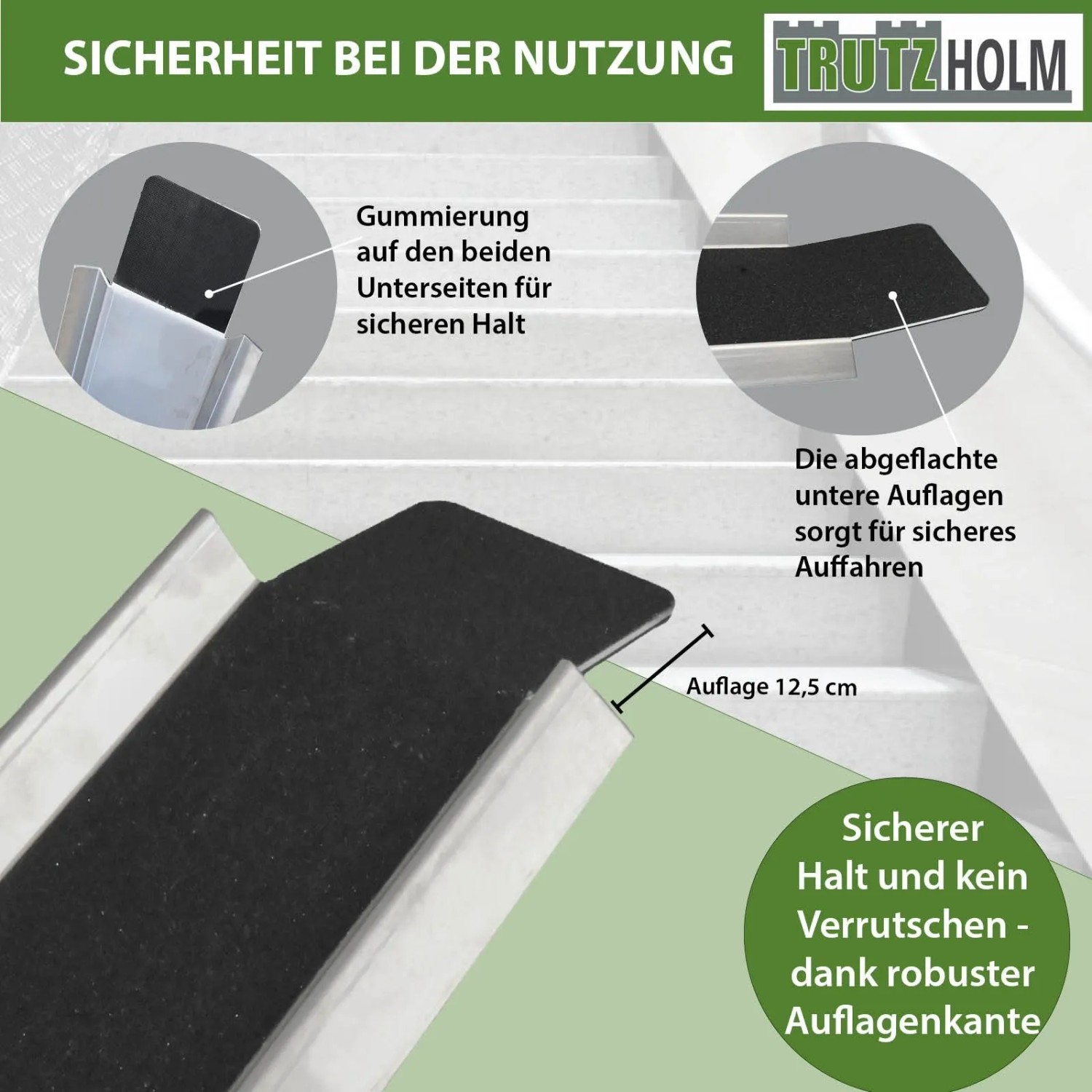 Detailansicht der TRUTZHOLM Alu Auffahrrampe mit rutschfesten Auflagen für sicheren Halt.