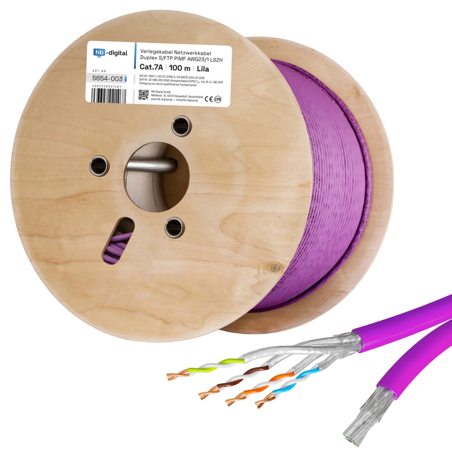 hb-digital CAT 7a Verlegekabel Duplex Installationskabel max. 1200 MHz S/FTP AWG23 LSZH 100m lila