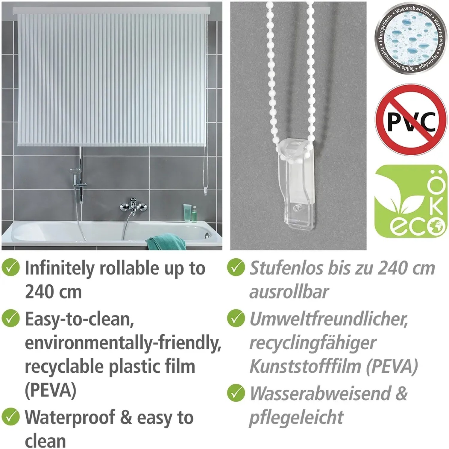 Wenko Duschrollo 128x240 cm: Weißes Rollo mit Streifenmuster für Dusche und Badewanne.