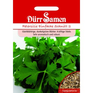 Dürr Samen Petersilie Einfache Schnitt 2: Packung mit glattblättriger, dunkelgrüner Petersilie.