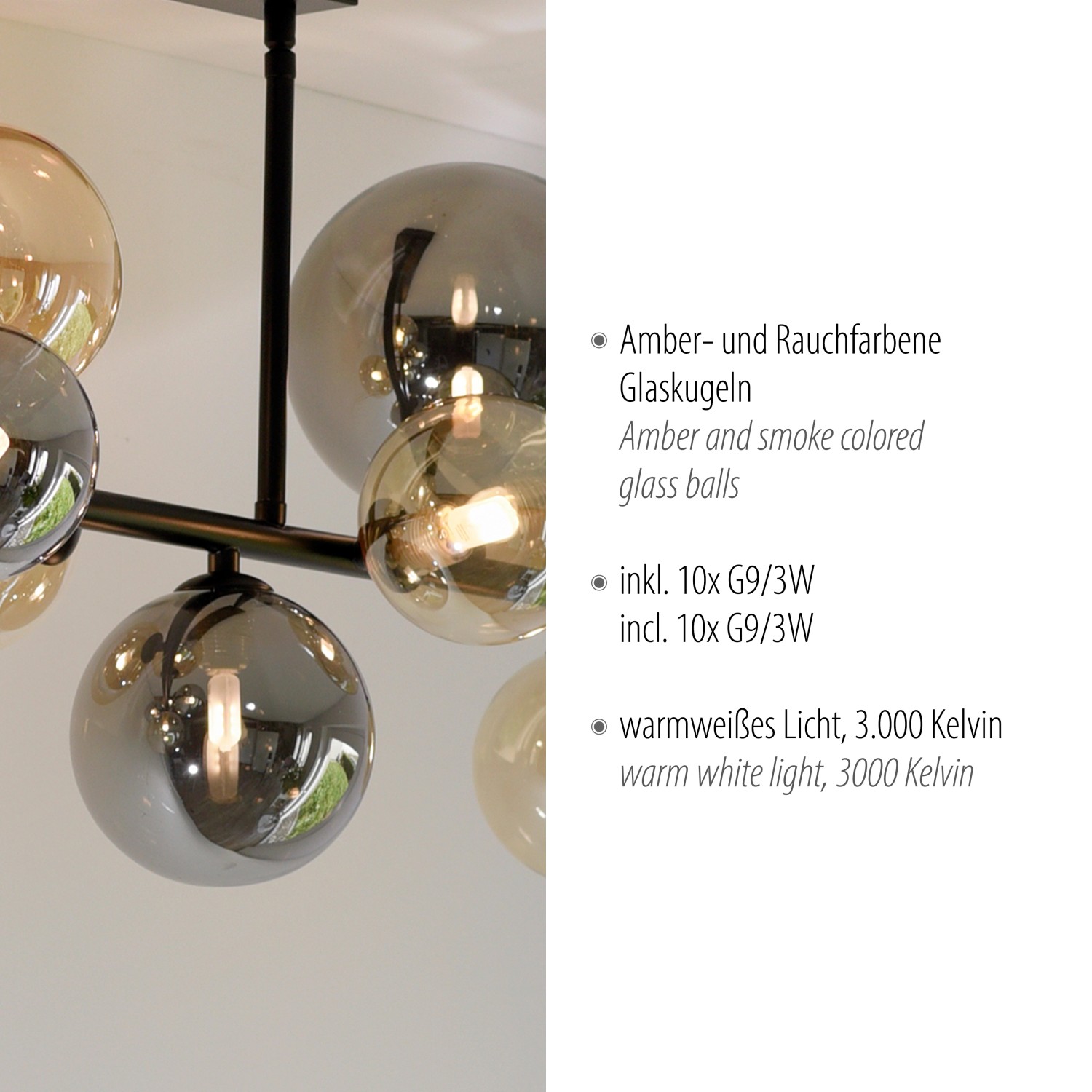 Paul Neuhaus Deckenleuchte Popsicle, 10-flammig, schwarz mit Amber- und Rauchglas-Kugeln.