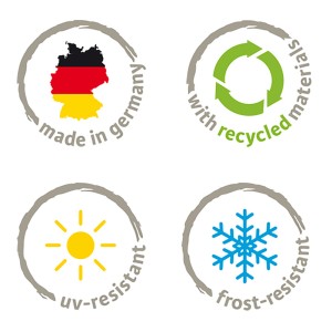 Icons für "Made in Germany", recyceltes Material, UV- und Frostbeständigkeit.