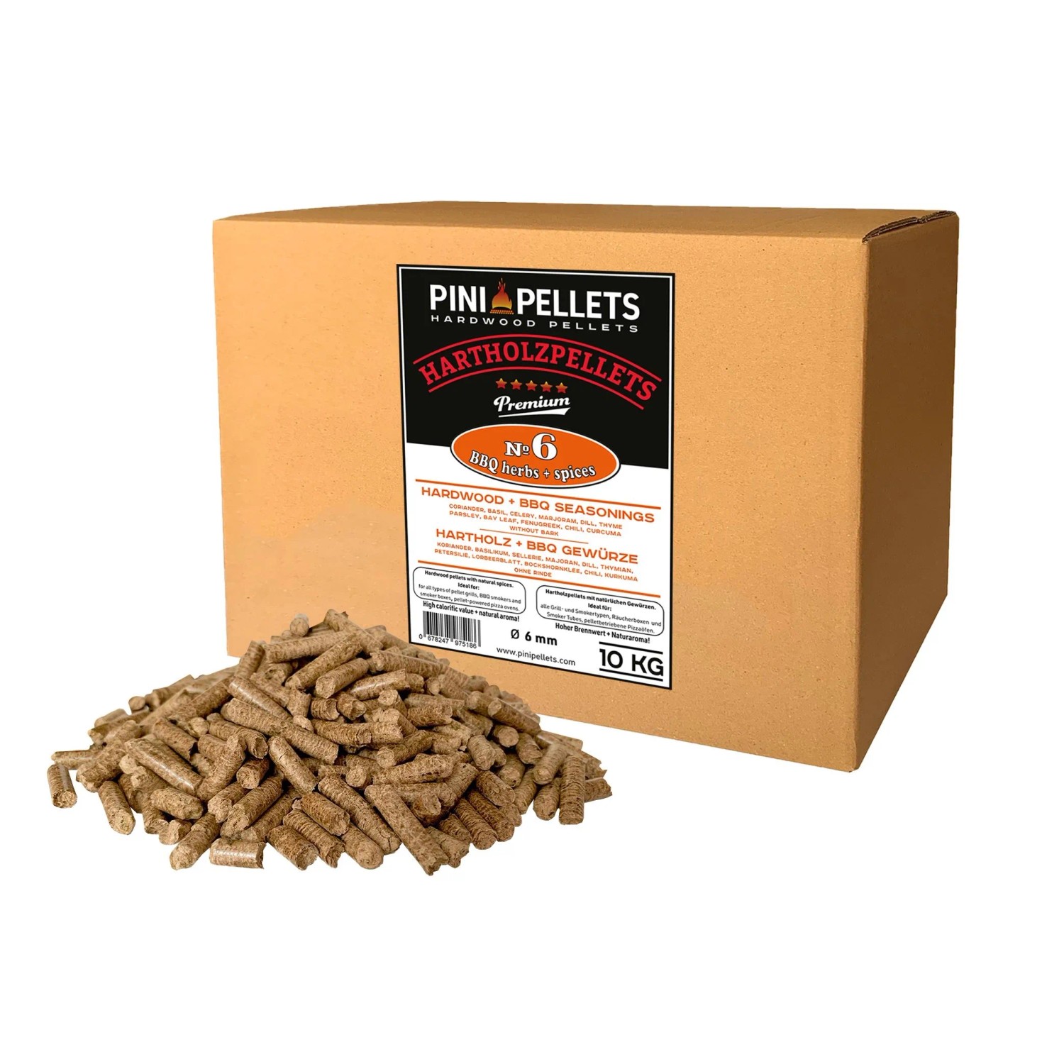 PINI Hartholz Pellets 10 Kg mit Gewürzen № 6 BBQ Gewürze zum Grillen Räuchern Smoken
