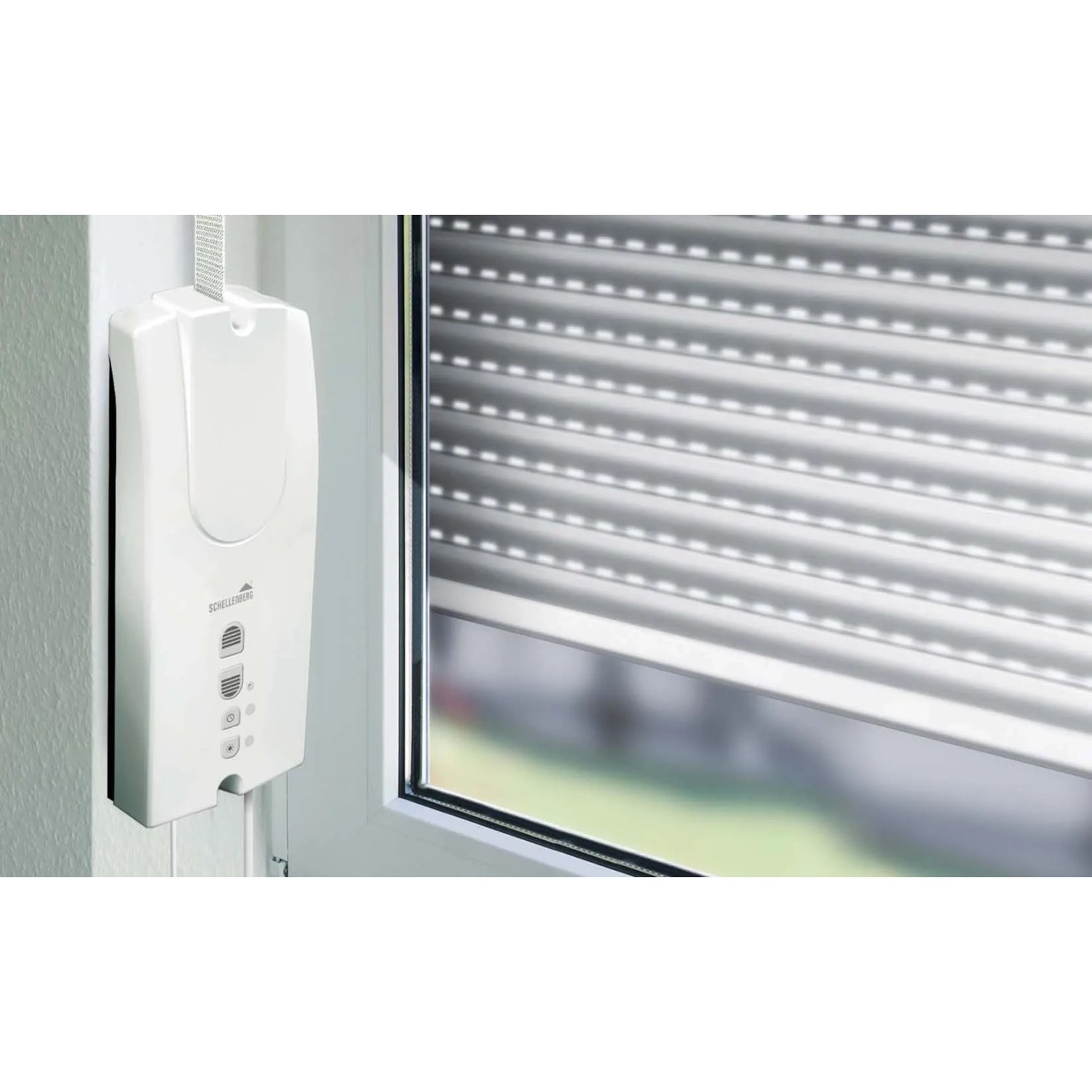 Schellenberg RolloDrive 55 Rollladenantrieb am Fenster, motorisierter Gurtwickler.