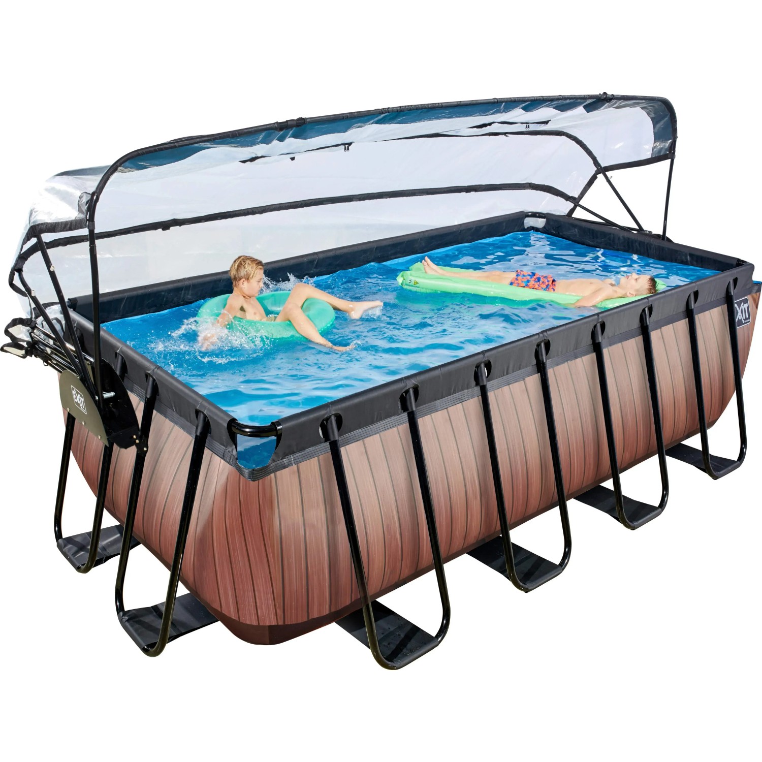EXIT Wood Pool, brauner Stahlrahmenpool 400x200x122 cm mit Sandfilter, Abdeckung und Wärmepumpe.