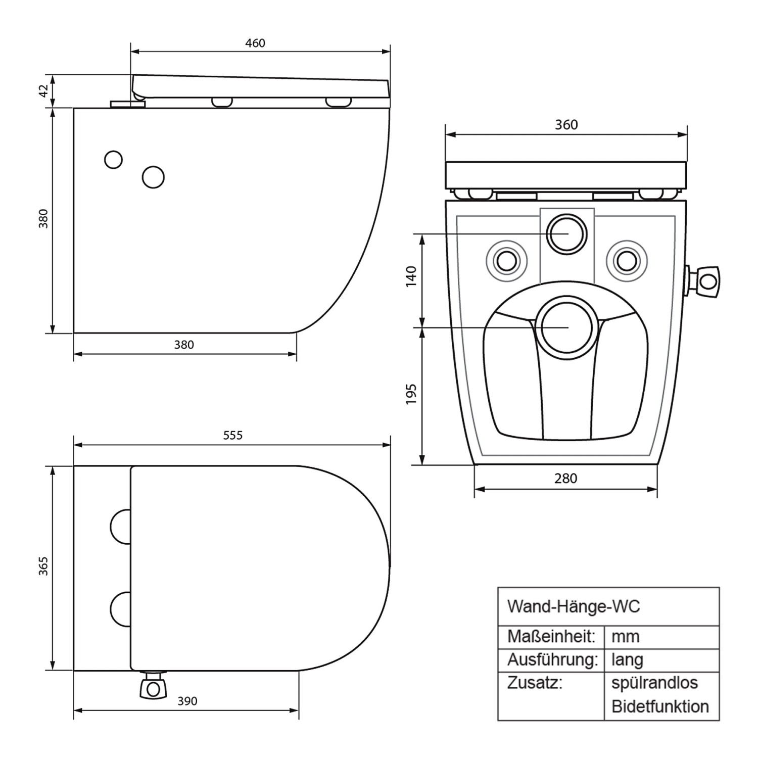 Technische Zeichnung: ECD Germany Hänge WC mit Bidet, spülrandlos, lange Ausführung mit Maßen.