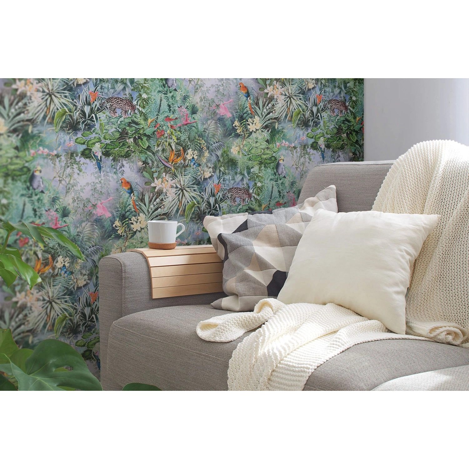 PROFHOME Vliestapete mit Tiermotiv, floral, grün, blau, braun, rosa. Dschungel-Look für Wohnzimmer, Schlafzimmer.