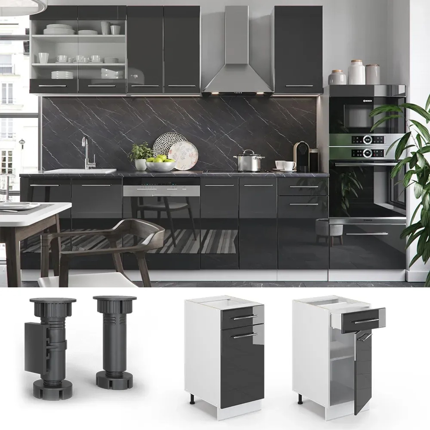 Vicco Küchenunterschrank Fame-Line, anthrazit hochglanz/weiß, 40 cm breit.