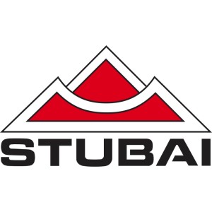 Stubai Logo mit stilisierten roten Berggipfeln und schwarzem Schriftzug.
