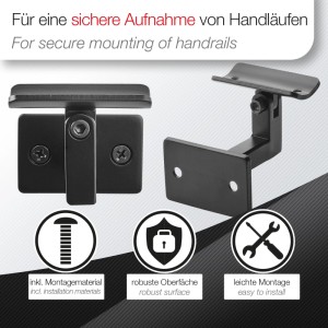 Zwei schwarze, pulverbeschichtete SOTECH Handlaufhalter aus Stahl, verstellbar für runde Handläufe Ø45 mm. Für Treppen & Geländer.
