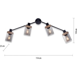 Schwarze 4-flammige Wand- und Deckenleuchte Pasqual mit Rauchglas-Schirmen und Holzdetails.