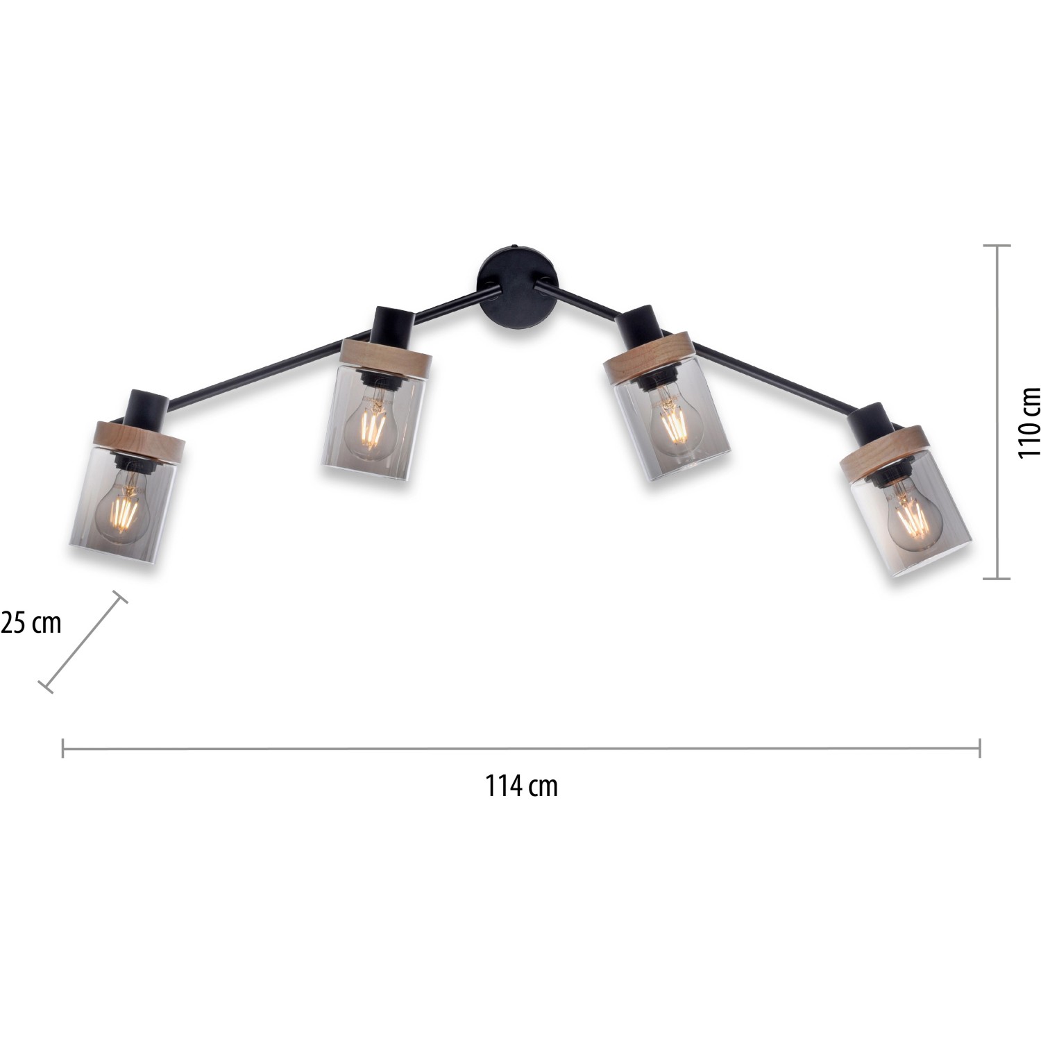 Schwarze 4-flammige Wand- und Deckenleuchte Pasqual mit Rauchglas-Schirmen und Holzdetails.