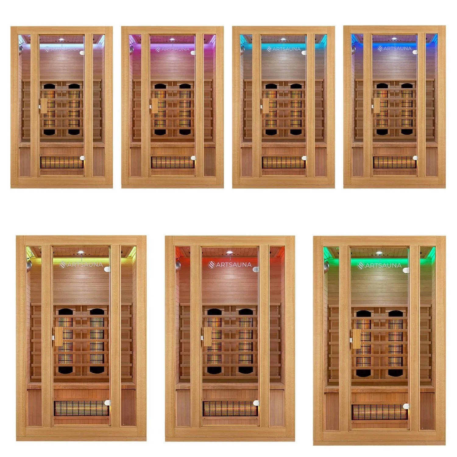 Artsauna Infrarotkabine Nyborg S120V mit Hemlockholz und LED-Ambientebeleuchtung in verschiedenen Farben.